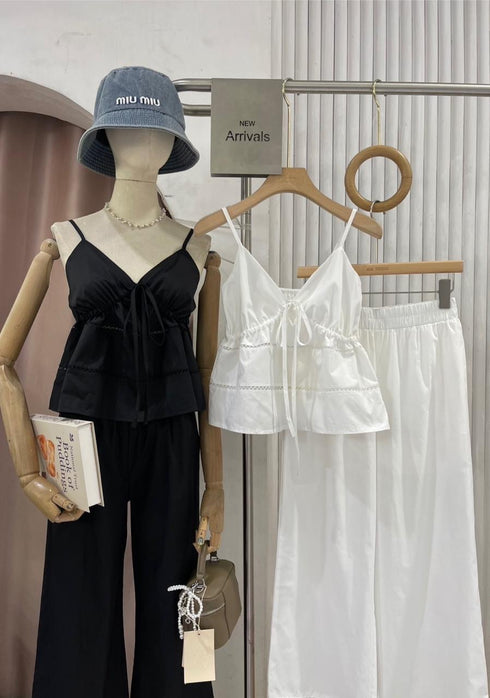 Cotton Spaghetti Straps Ruched Up tops with Wide Leg Pants
